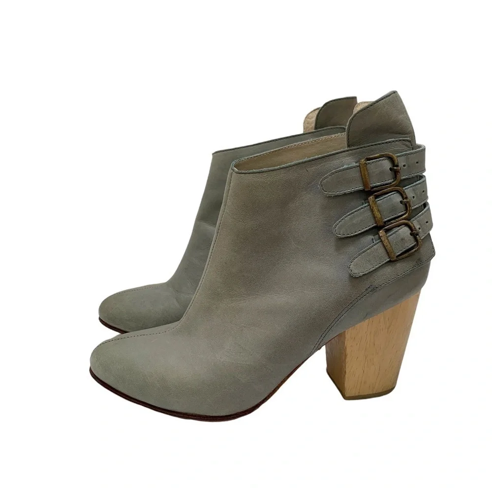 Fortress of Inca Leather Booties Size 6 Ankle Boots Heel Buckles Gray Green